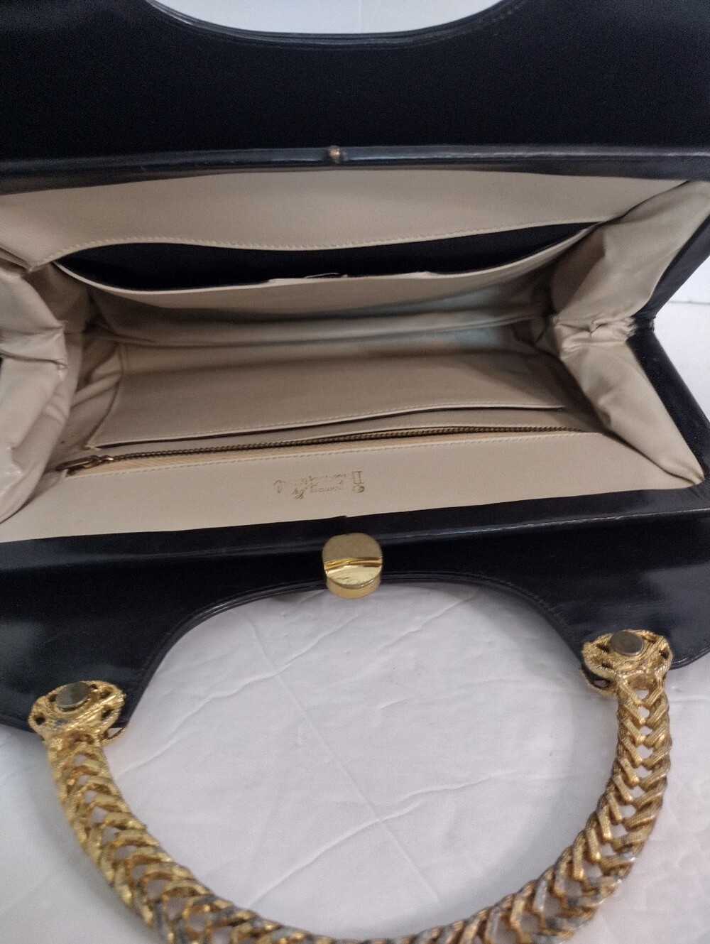 Vintage 1950s Black Leather Top Handle Handbag Gold Woven Handle Cocktail Bag - Picture 11 of 14